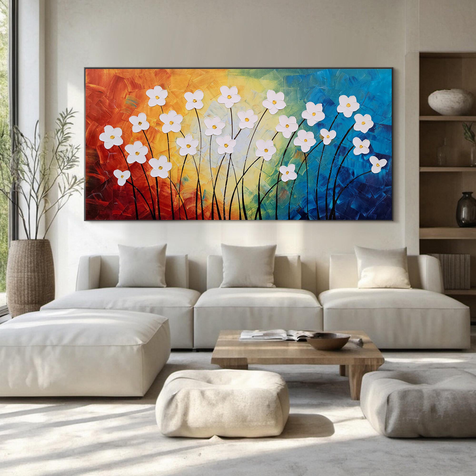 Vivid Bloom – Vibrant Wildflower Relief Floral Painting | Vibrant Botanical Living Room & Dining Room Art