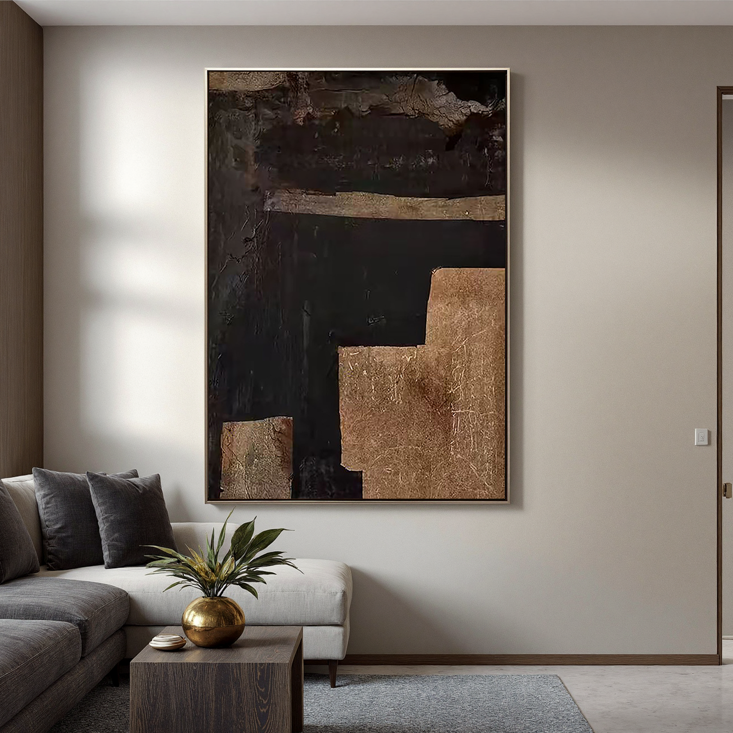 Time Fault Line – Wabi-Sabi Style Black-and-Gold Texture Painting | Modern Industrial-Style Hallway Art