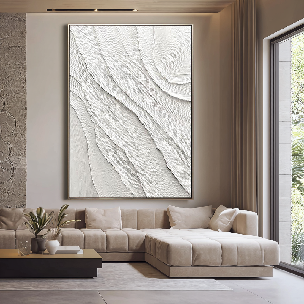 Pure Ripple – Hand-Painted Plaster Effect White Wave Relief Abstract Texture Painting | Modern Abstract Living Room & Office Art