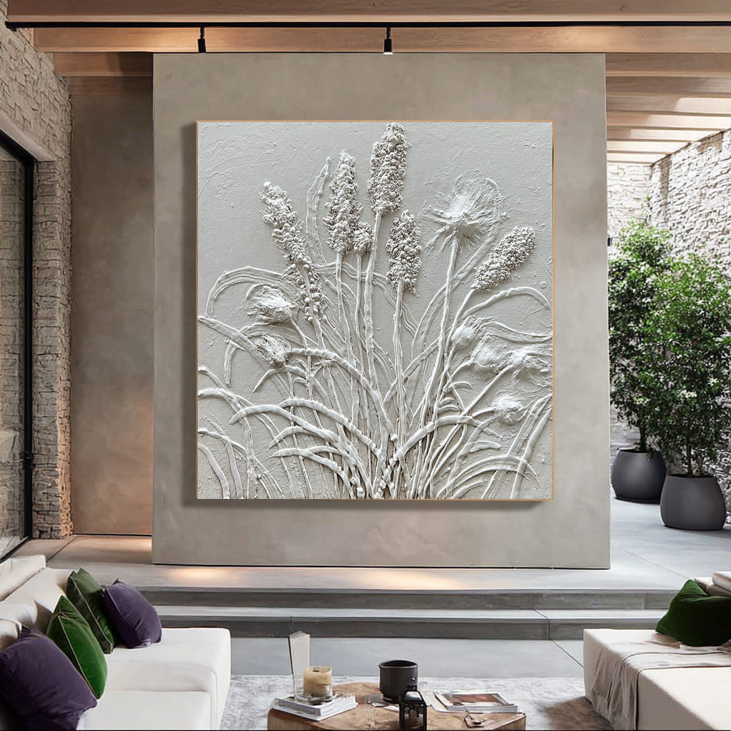 Lavender Breeze – White Plaster Botanical Relief Texture Painting | Contemporary Botanical Bedroom & Living Room Art