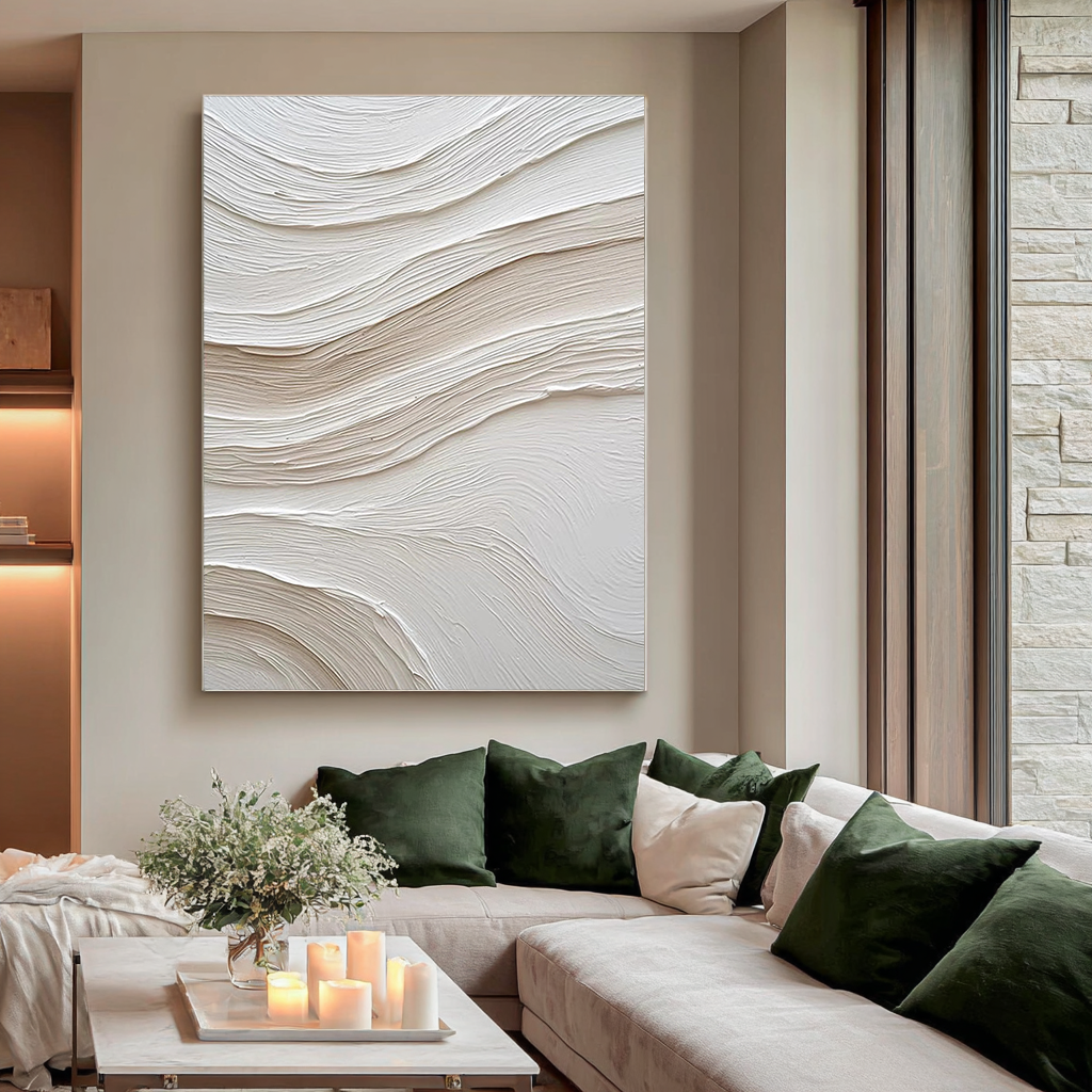 Sandstone Ripple – Hand-Painted Plaster Effect White Wave Relief Minimalist Painting | Japandi Organic Wabi-Sabi Living Room & Hallway Art