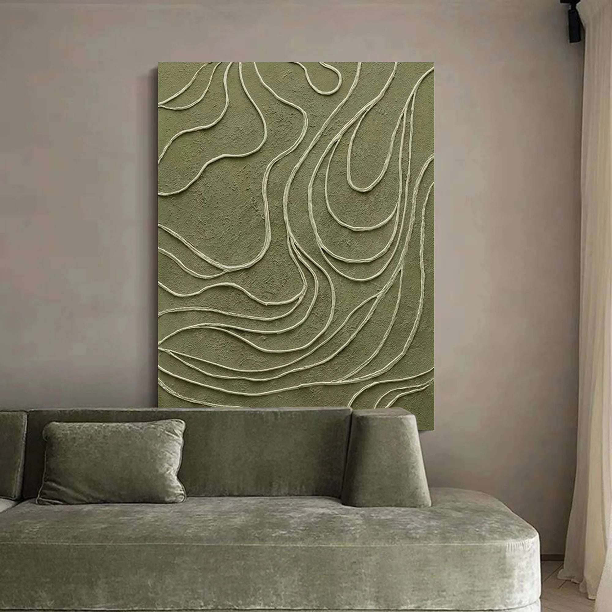 Olive Topography – Hand-Painted Sage Green 3D Line Relief Plaster Effect Minimalist Painting | Modern Minimalist Bedroom & Home Office Art