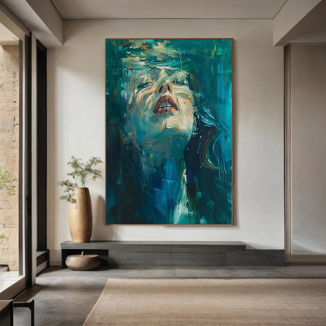 Aquatic Reverie – Hand-Painted Underwater Woman Figure Teal Blue Abstract Textured Oil Portrait Painting | Contemporary Expressionist Living Room & Office Art