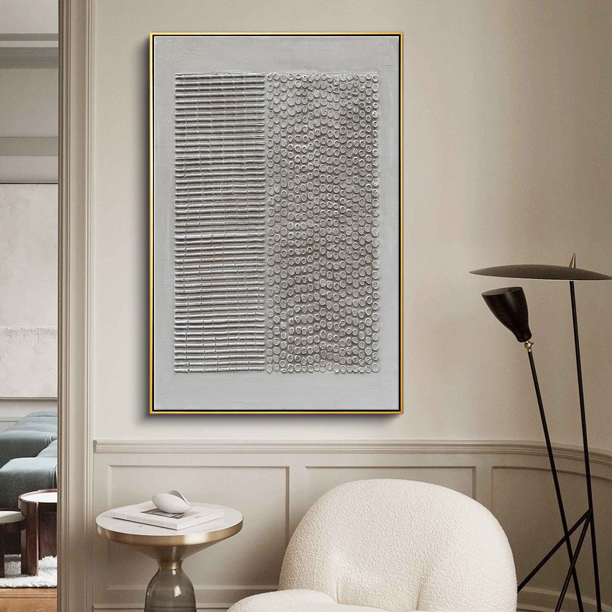 SILENT GRID: Wabi-Sabi Plaster Texture Wall Art, Modern Linear Abstract Relief
