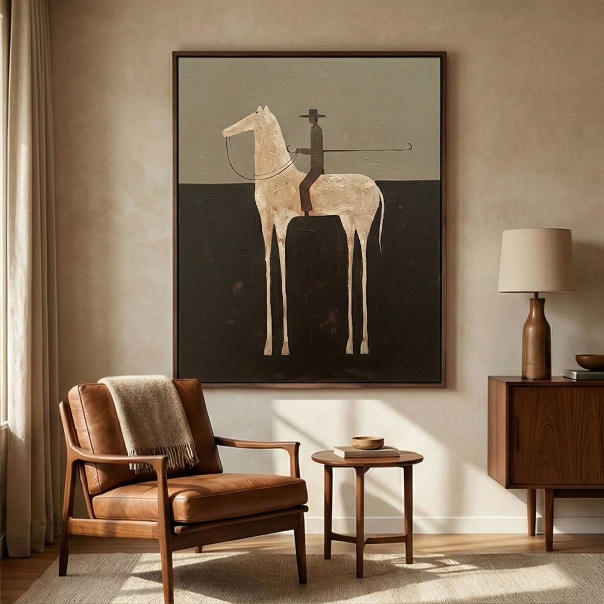 Ivory Rider After Midnight – Minimalist White Horse Rider Painting | Dark Vertical Western Wall Art