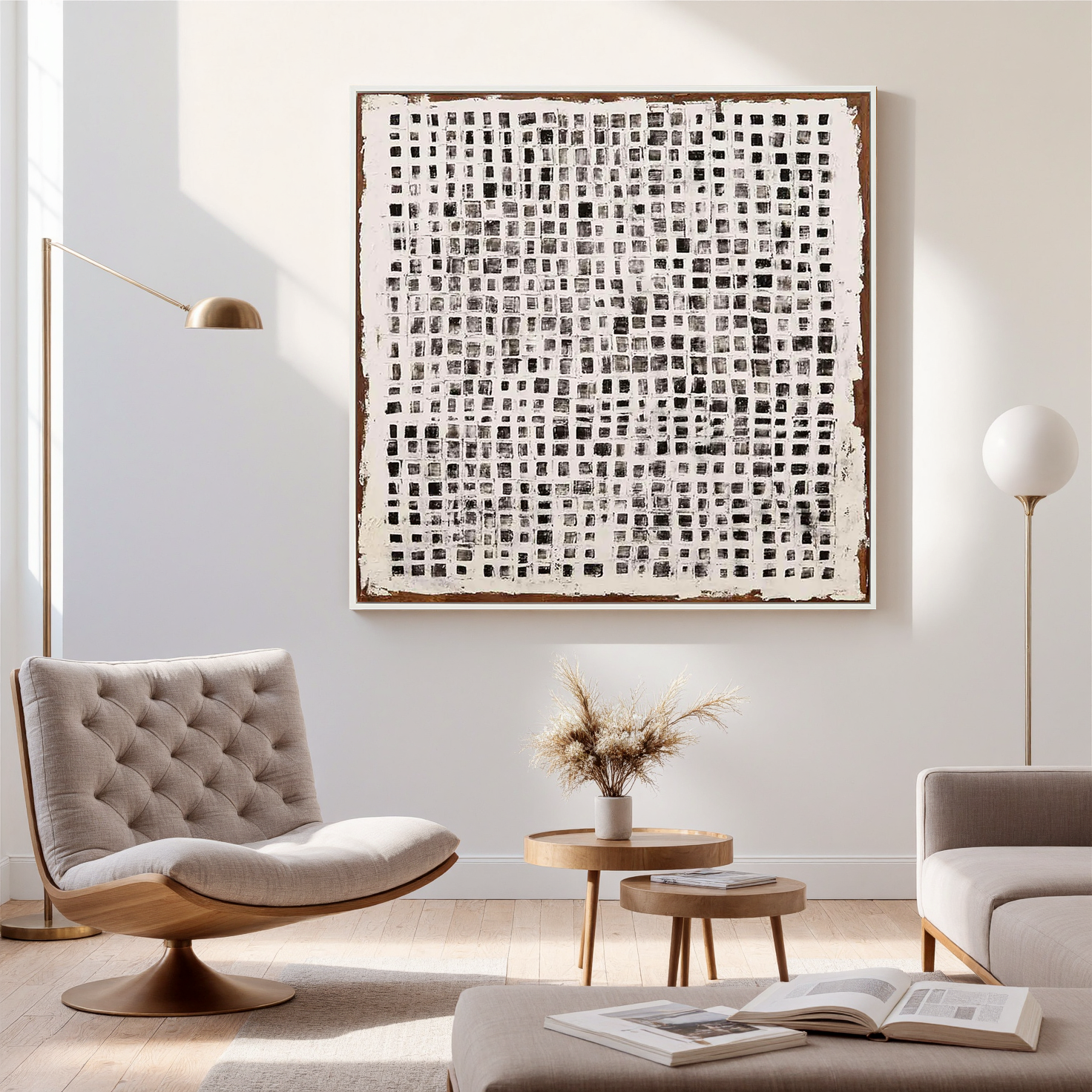 Monochrome Mosaic – Industrial Black and White Grid Impasto Painting | Avant-Garde Expressionist Living Room Art
