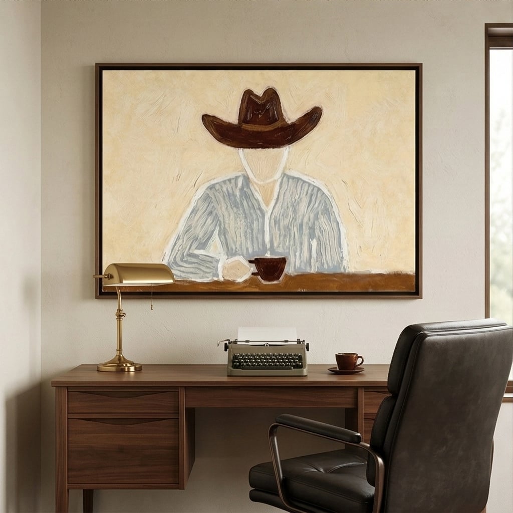 Morning Cup in Silence – Neutral Wide Hat Figure Painting | Modern Figurative Horizontal Wall Art