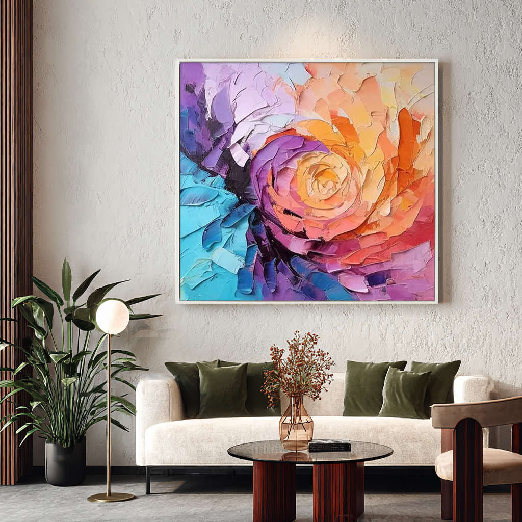 VORTEX BLOOM: Square 3D Heavy Texture Abstract Wall Art, Vibrant Rainbow Palette Knife Canvas