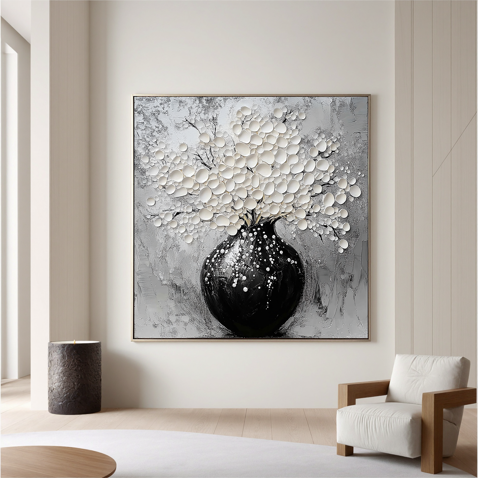 Serene Bloom – Modern Black-and-White Minimalist Relief Texture Painting |  White-Flower Hallway Art
