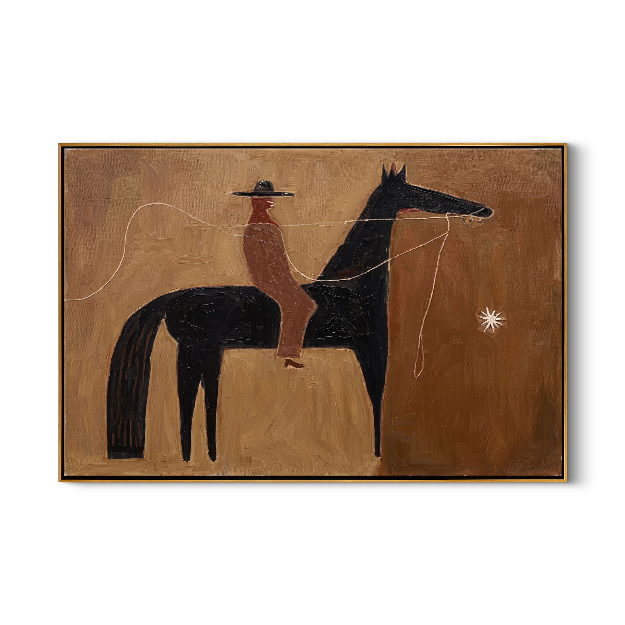 Guiding Star – Minimalist Western Rider & Black Horse Painting | Rustic Modernist Home Office Art