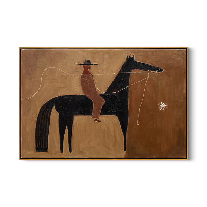 Guiding Star – Minimalist Western Rider & Black Horse Painting | Rustic Modernist Home Office Art