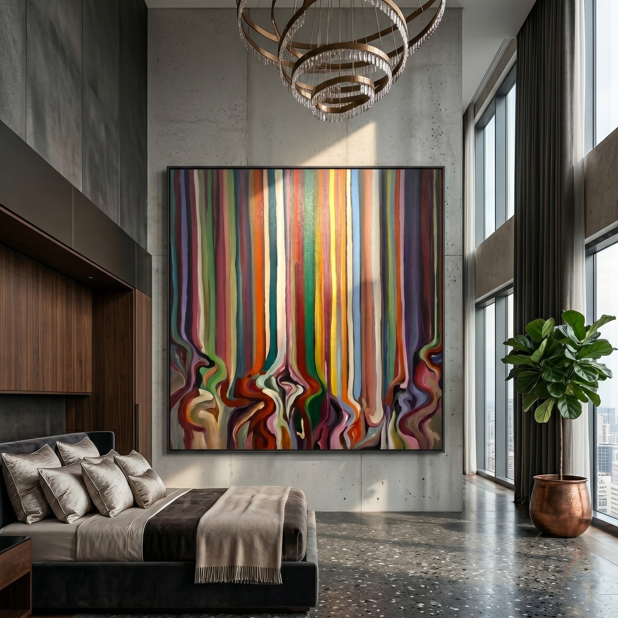 Chromatic Symphony – Modern Abstract Vertical Stripe Fluid Painting | High-End Canvas Living Room Art