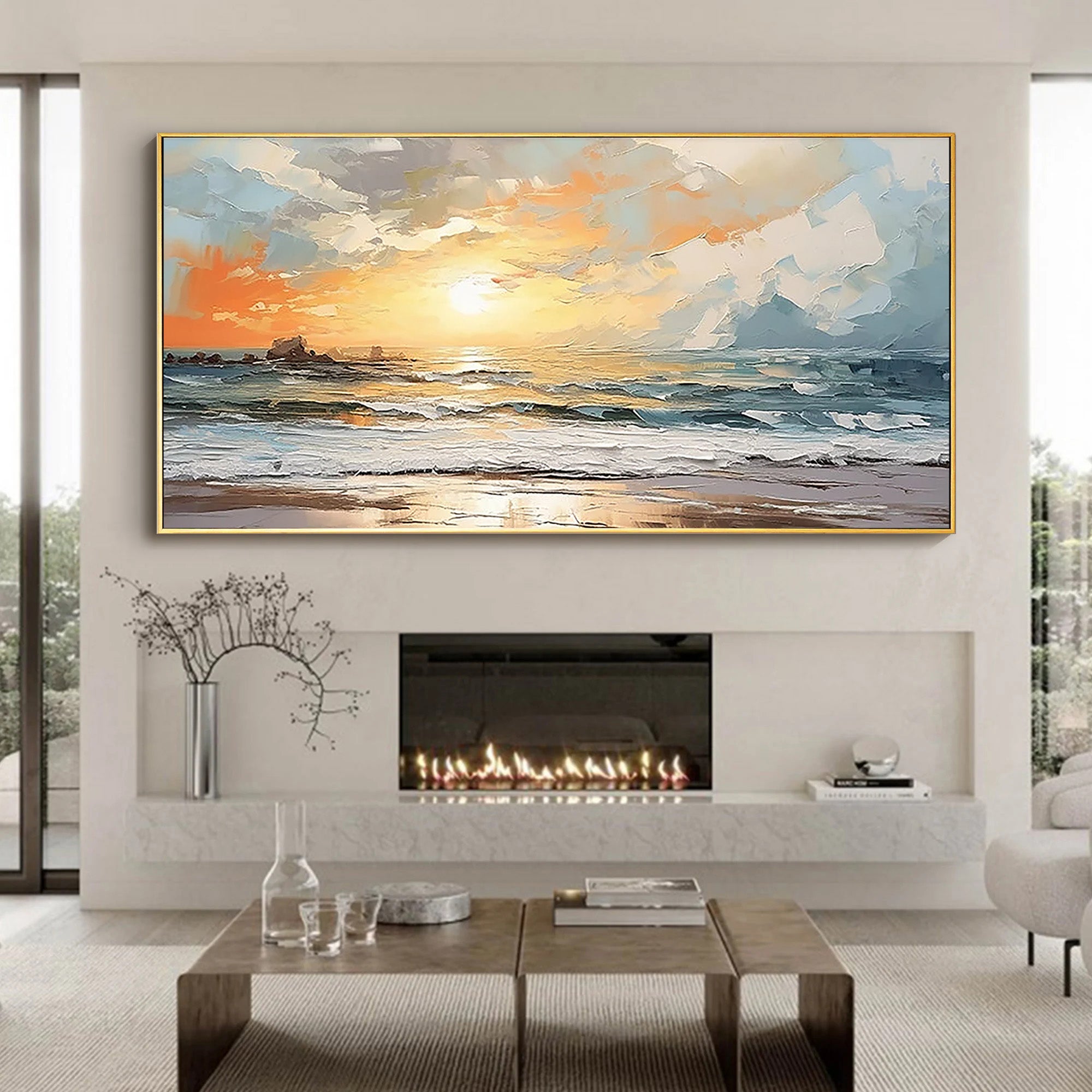 Sunset Glow – Impressionist Sea Sunset Scenery Hand-Painted Textured Landscape Oil Ocean Painting | Coastal Modern Living Room & Bedroom Art
