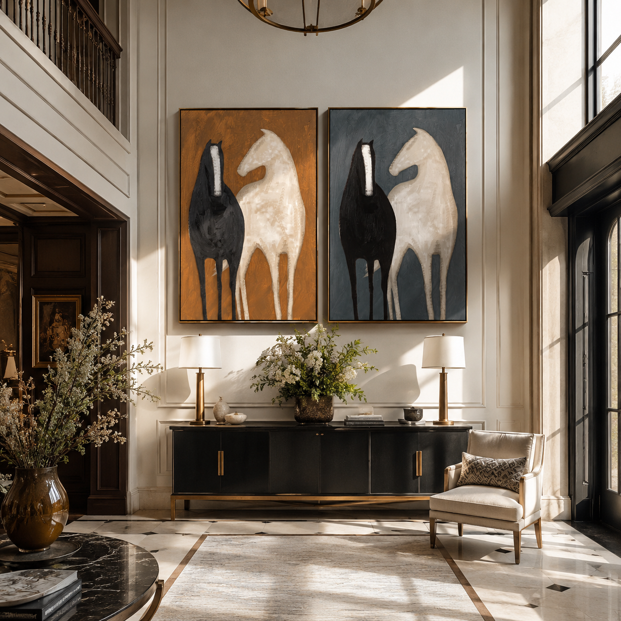 Two Grounds Diptych – Vintage Americana Black & Cream Horse Two-Panel Painting | Modern Luxury Living Room Art