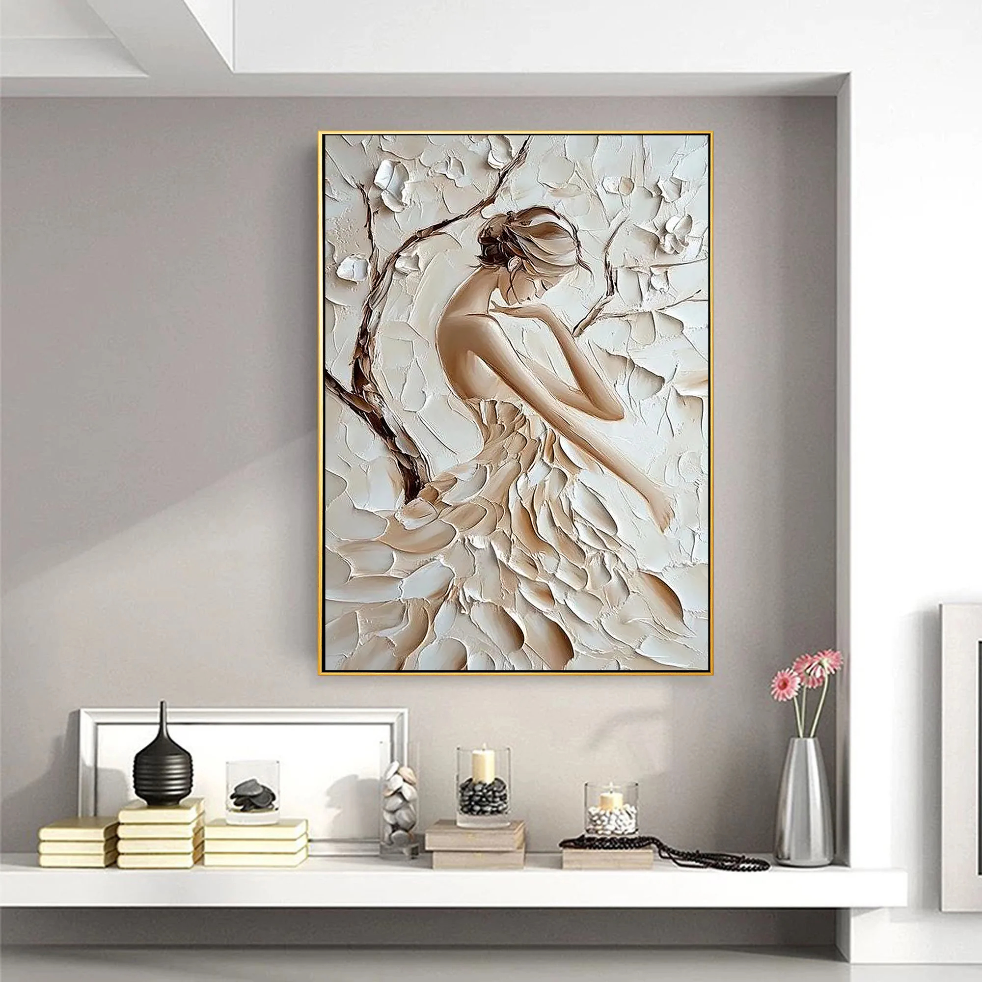 Elegance in Bloom – Modern French Luxury Creamy Textured Painting | Petal Dress Lady Bedroom Art