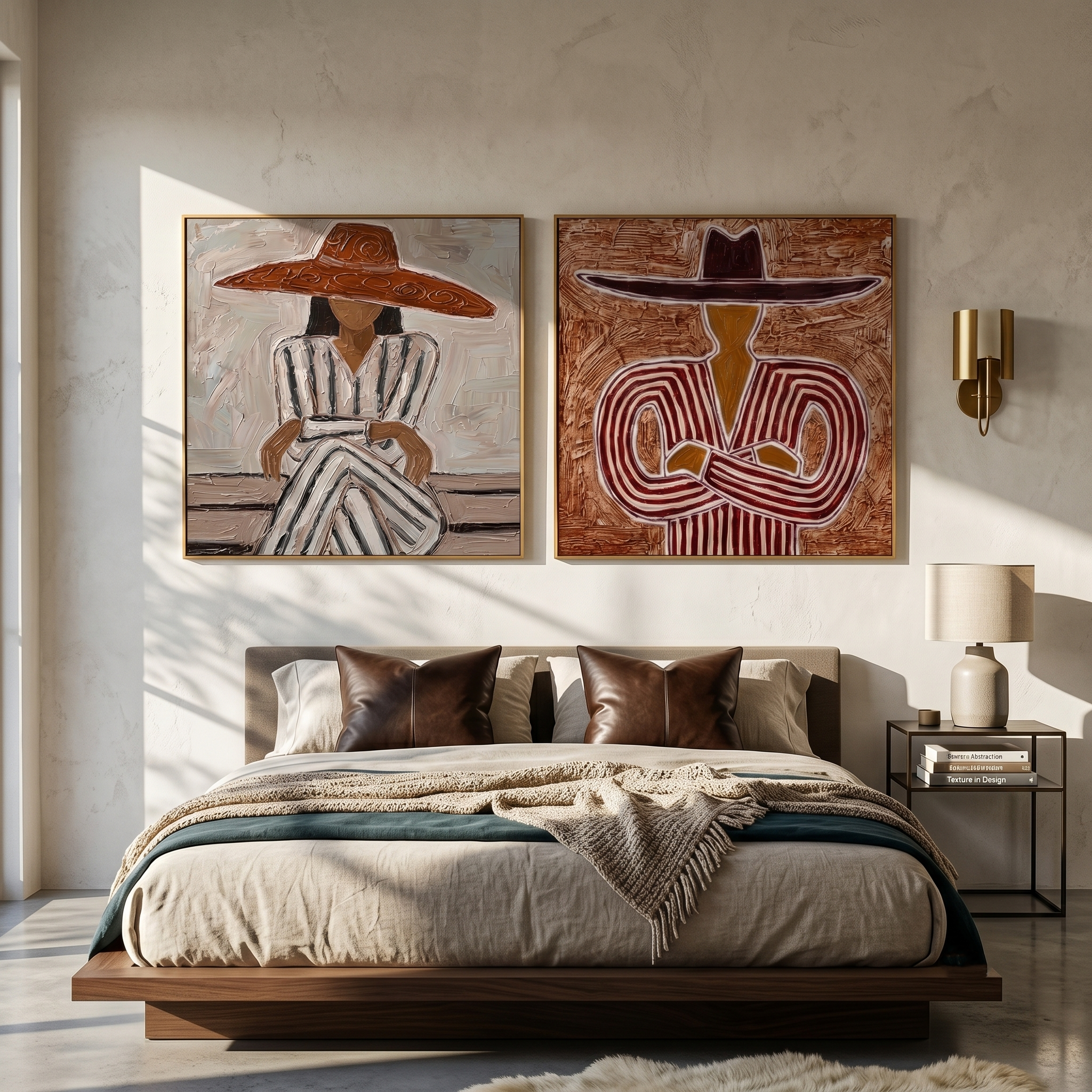 The Sienna Pair – Vintage Americana Diptych Sombrero Portrait Painting | Bold Rustic Living Room Art