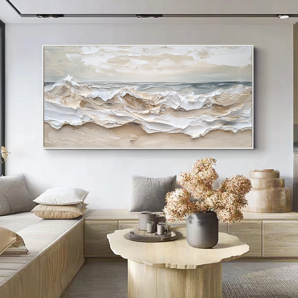 Whipped Tides – Hand-Painted Creamy White Ocean Wave Plaster Effect Seascape Painting | Coastal Modern Living Room & Bedroom Art