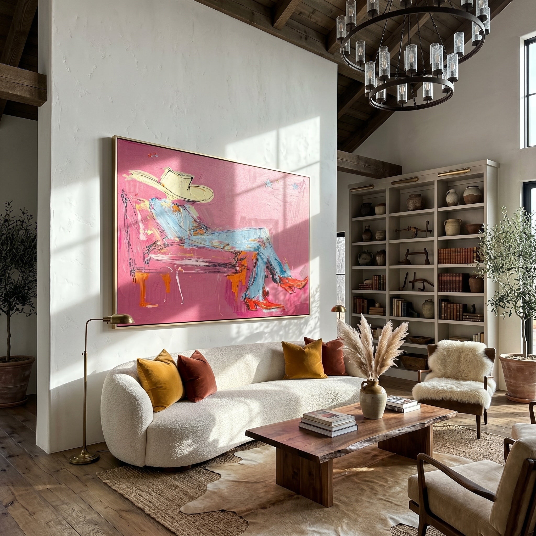 Neon Midnight Rider – Pop Art Pink Cowboy & Red Boots Painting | Avant-Garde Eclectic Living Room Art