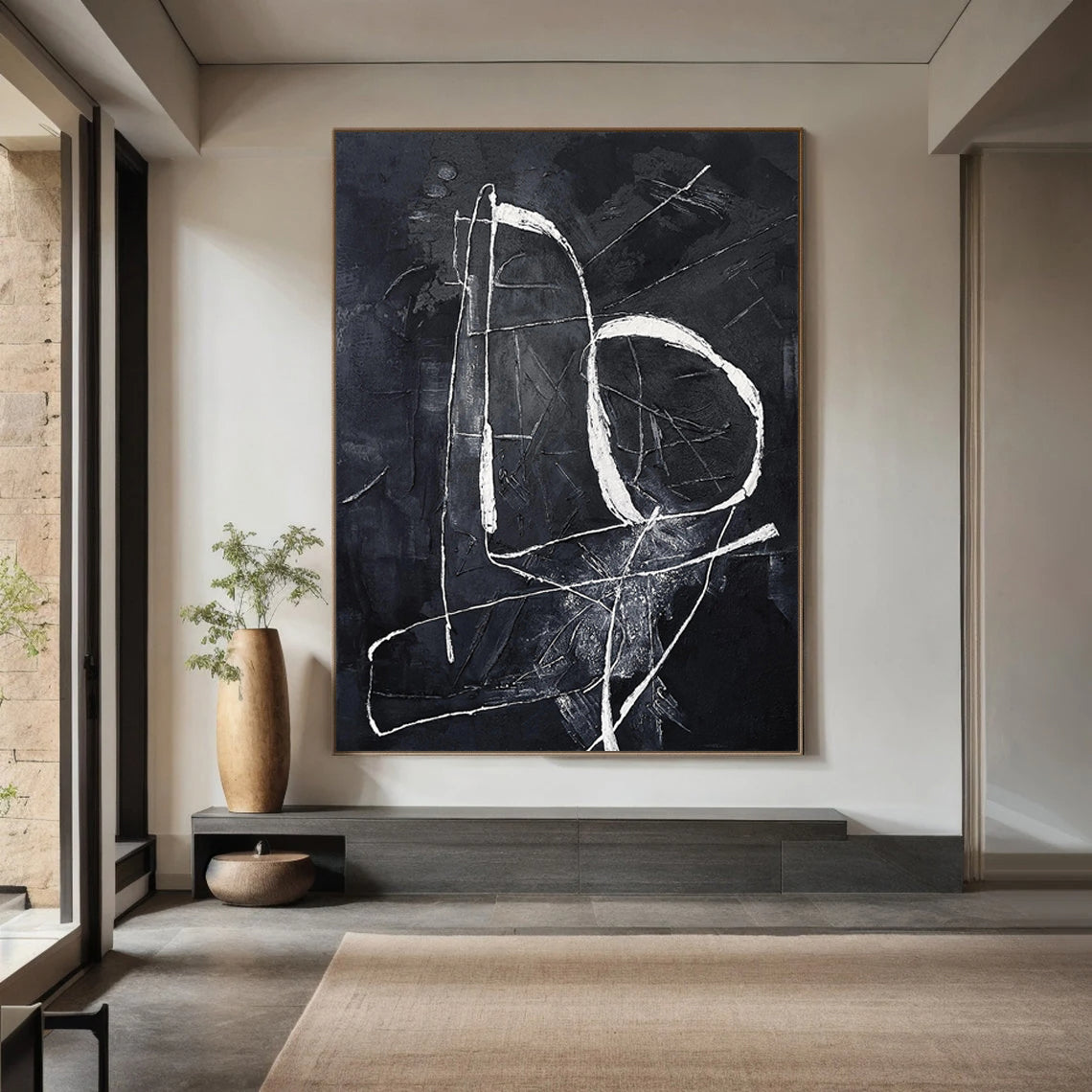DARK LINEAGE: Minimalist Wall Art, Hand-Painted Black and White Abstract Line 3D Textured Studio Art