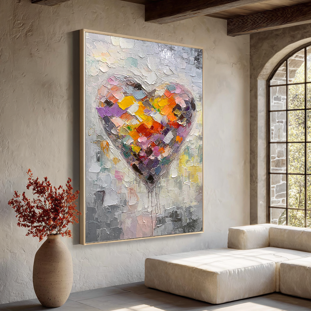 Vibrant Heartbeat – Modern Heavy Impasto Heart Painting | Contemporary Colorful Living Room Art