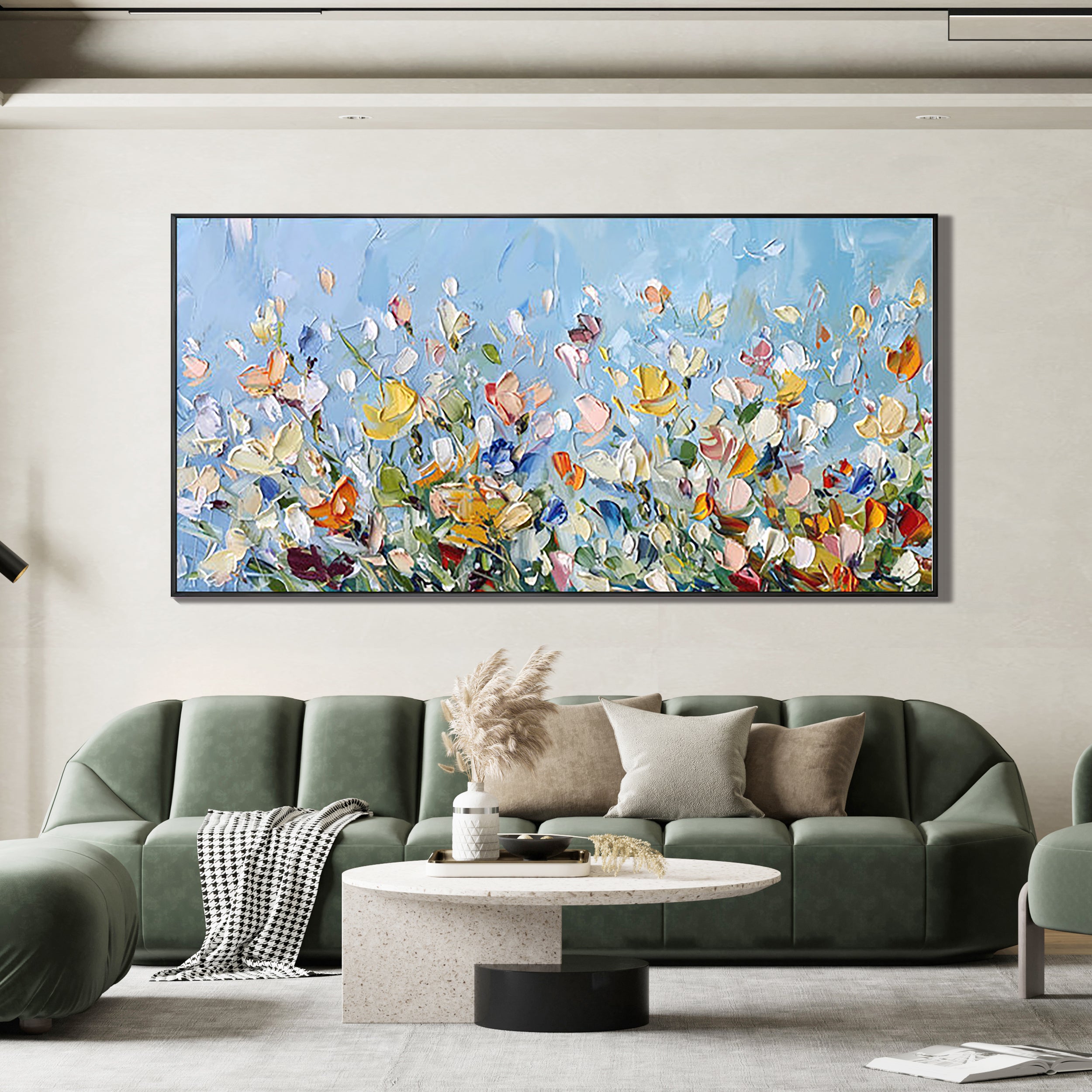 Azure Meadow – Hand-Painted Wildflower Field Impressionist Palette Knife Floral Painting | Contemporary Botanical Bedroom & Living Room Art