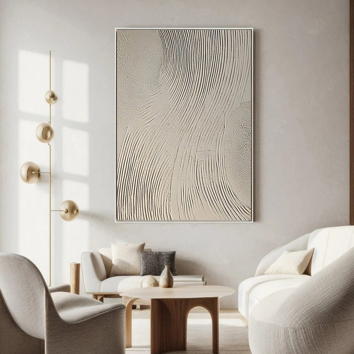Desert Rhythm – Hand-Painted Minimalist Beige Linear Plaster Relief Wabi-Sabi Painting | Japandi Organic Wabi-Sabi Living Room & Hallway Art