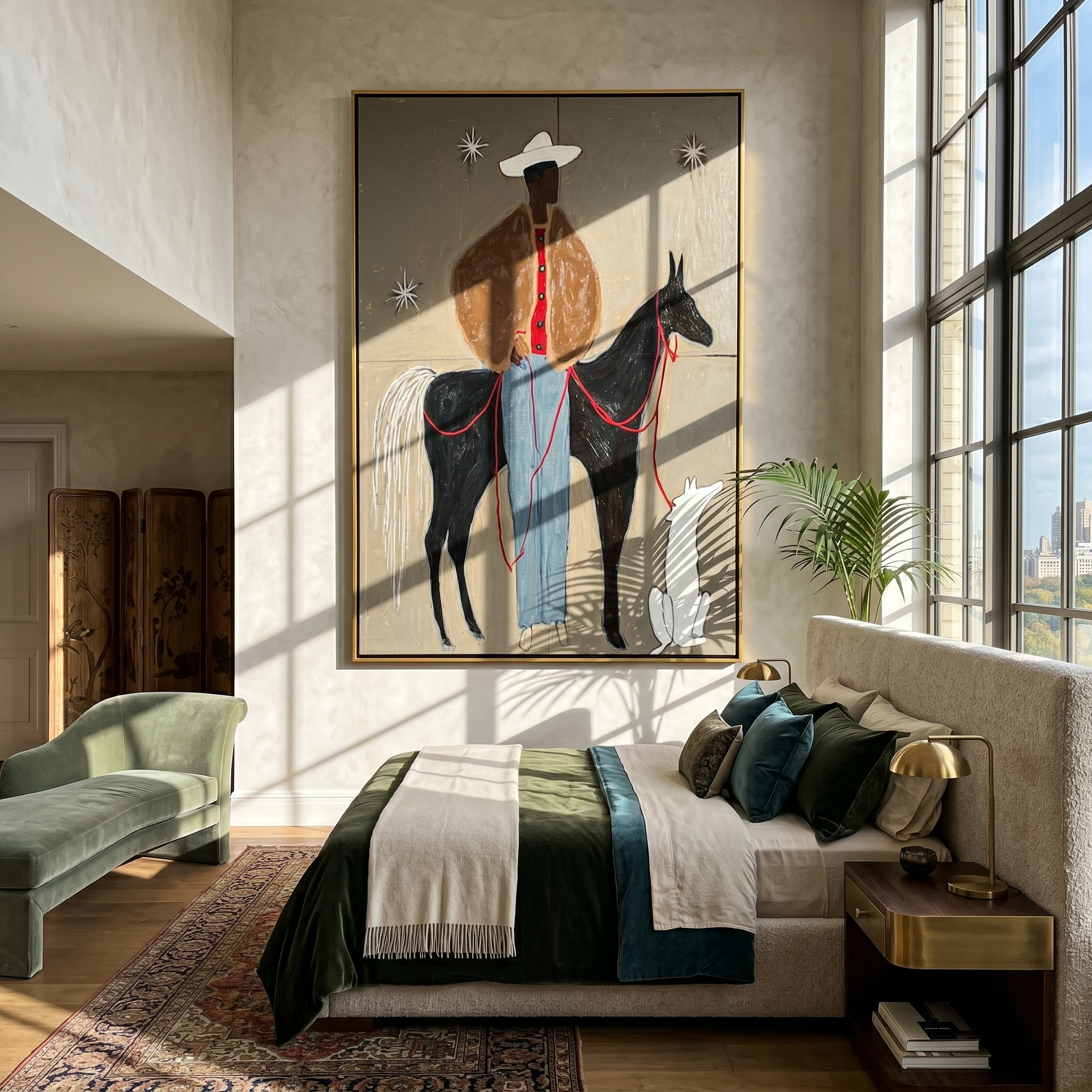 Starlit Companions – Contemporary Folk Art Cowboy & Horse Painting | Textured Wabi-Sabi Western Living Room Art