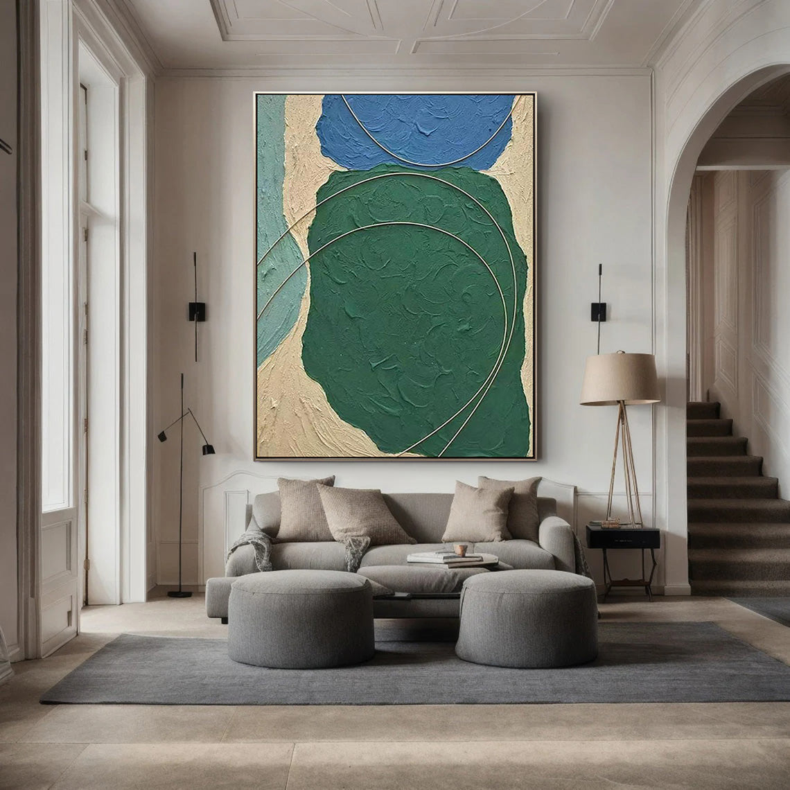 Emerald Vein – Hand-Painted Deep Green Plaster Effect Gold Line Relief Texture Painting | Modern Luxury Metallic Living Room & Hotel Art