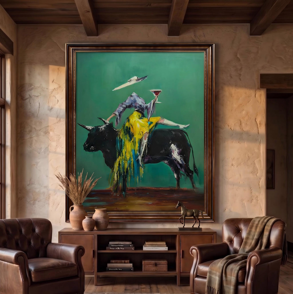 Emerald Bull Toast Society – Pop Art Bull and Western Figures Painting | Colorful Vertical Wall Art