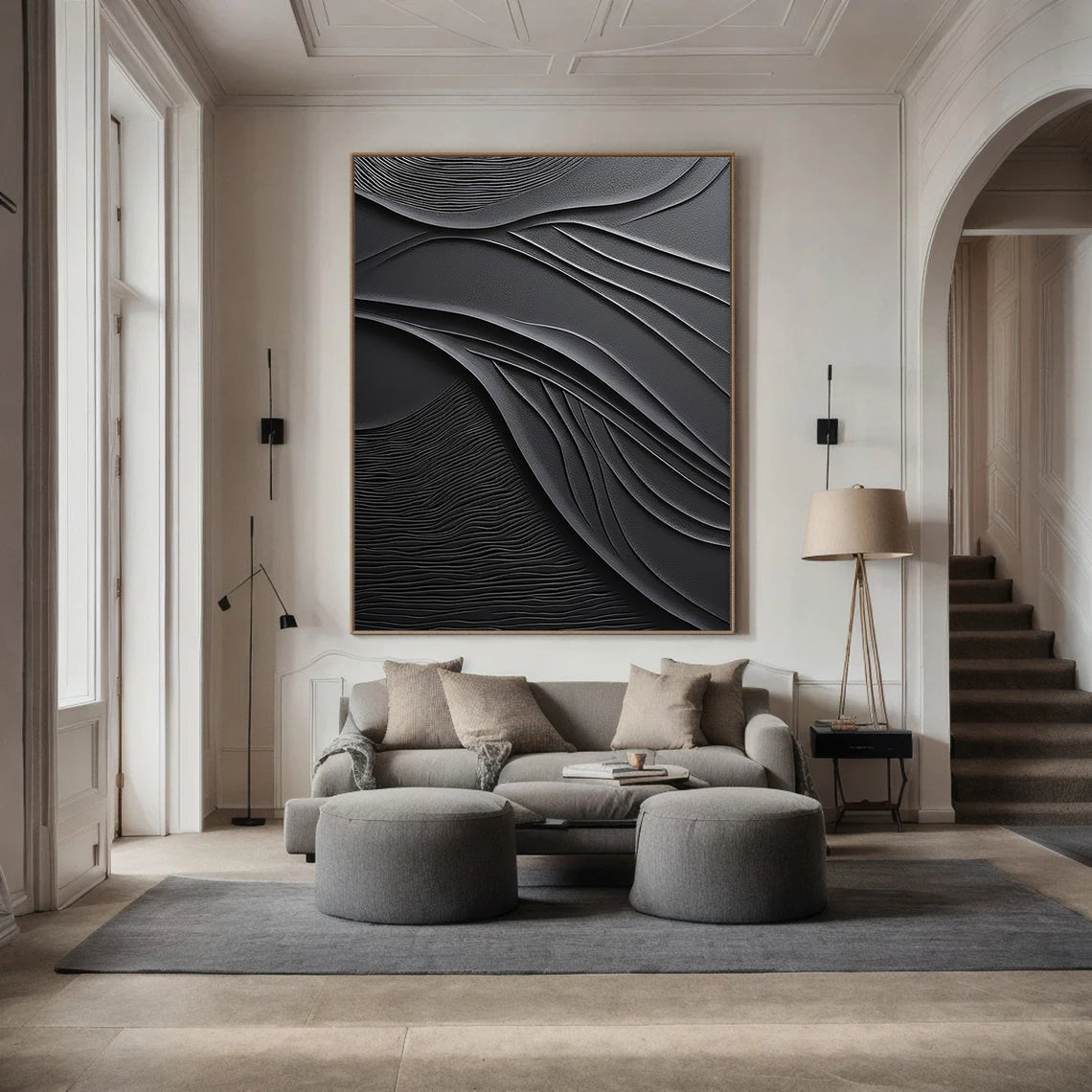 Shadow Curvature – Hand-Painted All-Black Minimalist Fluid Wave Plaster Relief Texture Painting | Bold Minimalist Bedroom & Home Office Art