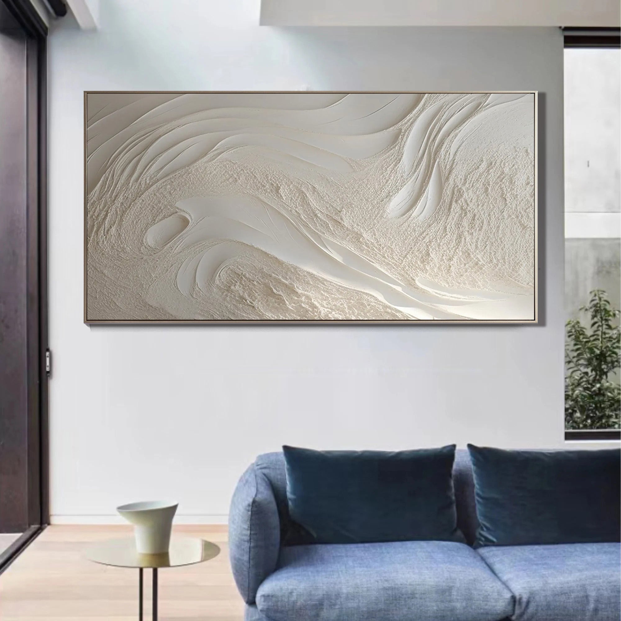 WHISPERING TIDES: Minimalist Wall Art, Hand-Painted Plaster Effect Flowing Wave Heavy Texture Canvas Painting