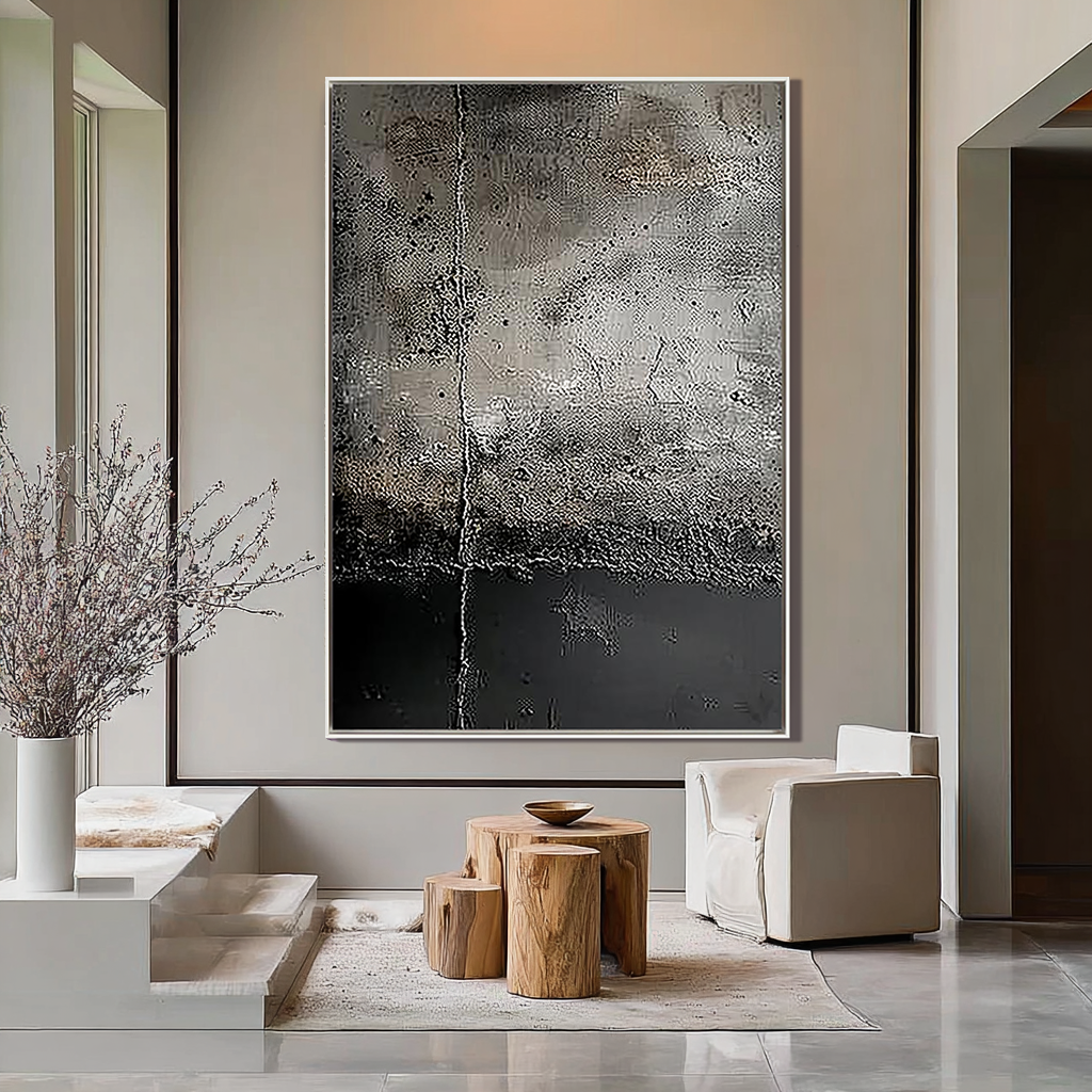 Urban Fossil – Hand-Painted Distressed Charcoal Grey Plaster Effect Relief Modern Wabi-Sabi Painting | Modern Noir Wabi-Sabi Living Room & Home Office Art