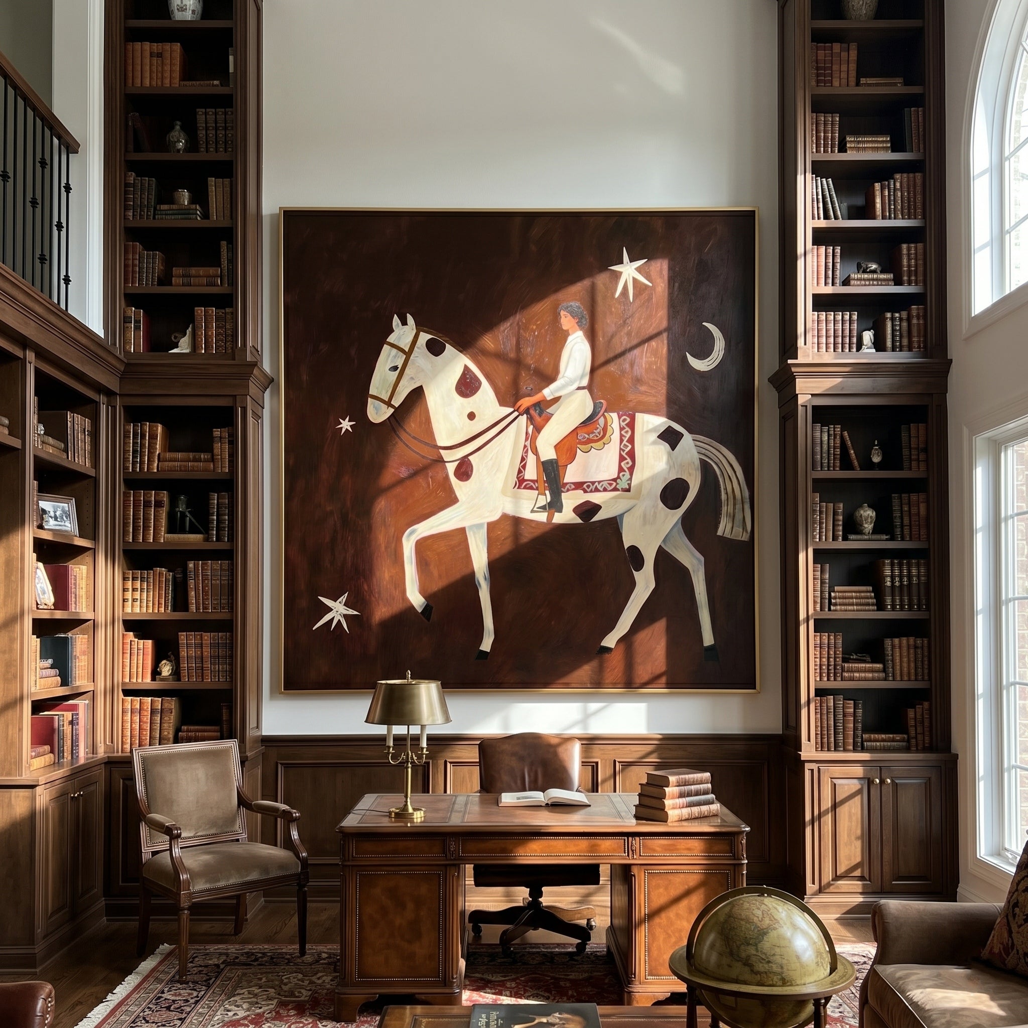 The Starry Canter – Magical Realism Horse & Rider Painting | Whimsical Rustic Entryway Art