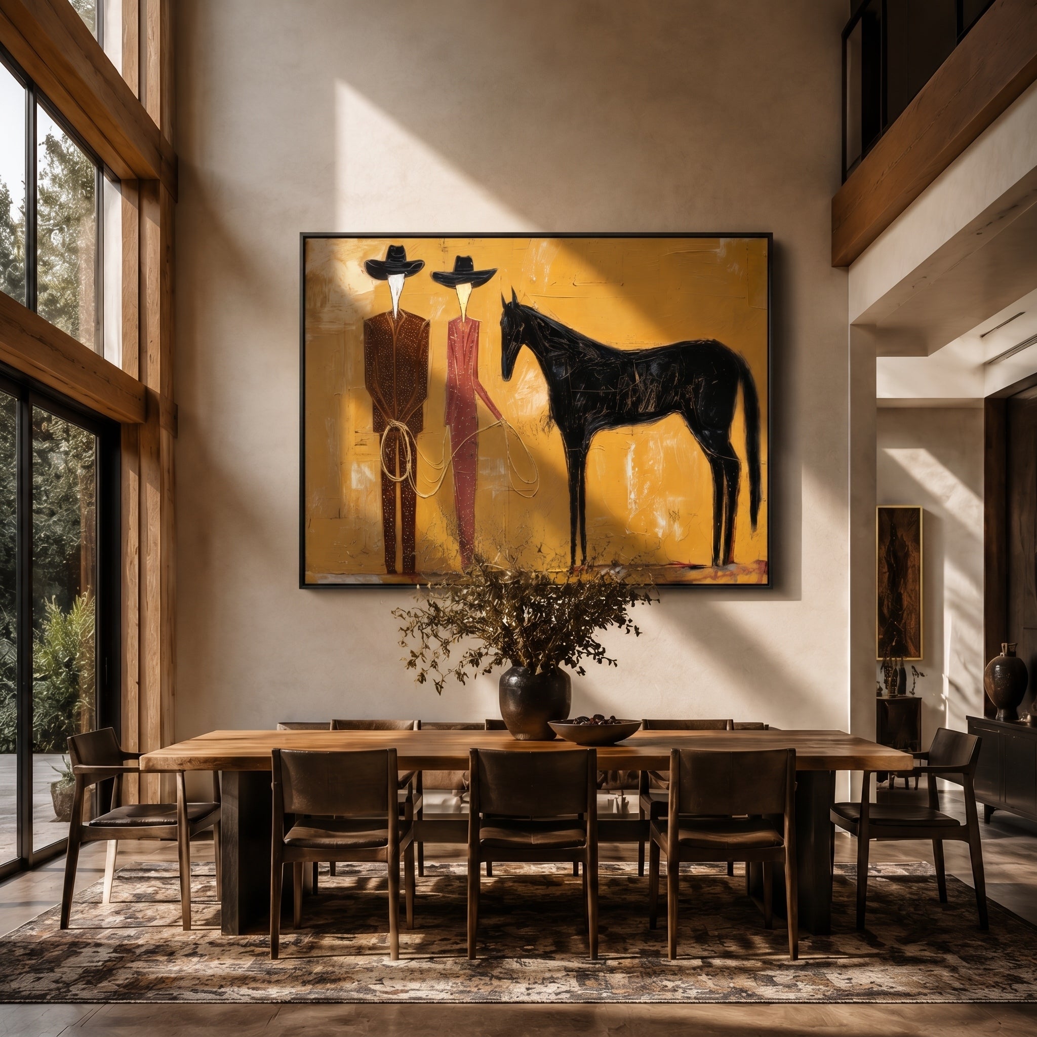 Whispers of the Wild – Avant-Garde Faceless Figures & Horse Textured Painting | Minimalist Luxury Living Room Art