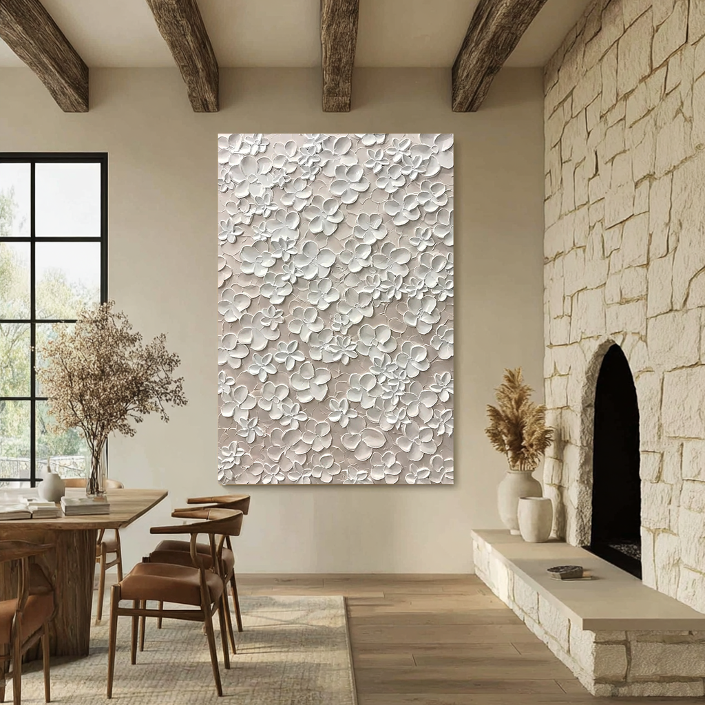PURE BLOSSOM: Floral Wall Art, Hand-Painted All-Over White Flower Relief 3D Plaster Effect Heavy Texture Studio Art