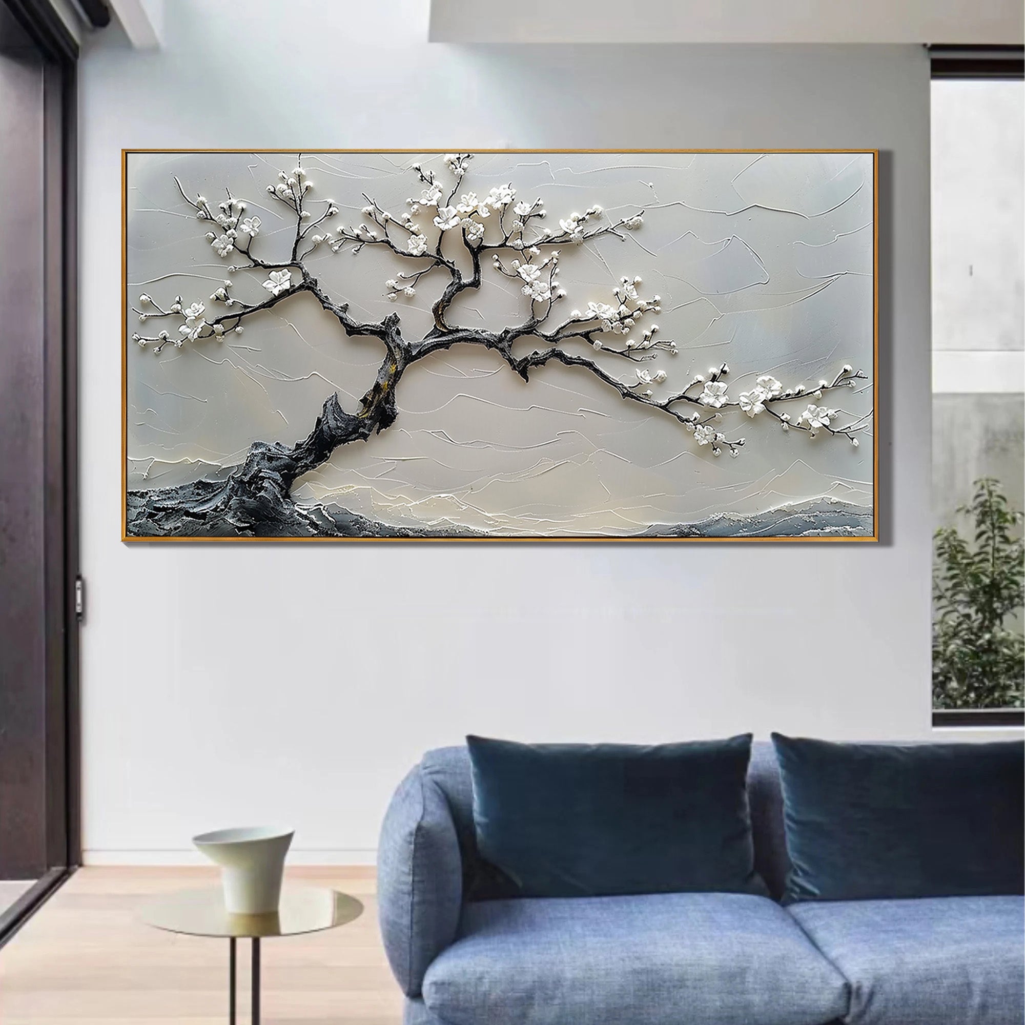 Winter Blossom – Luxury High-Relief Stark Black and White Painting | Panoramic Botanical Living Room Art