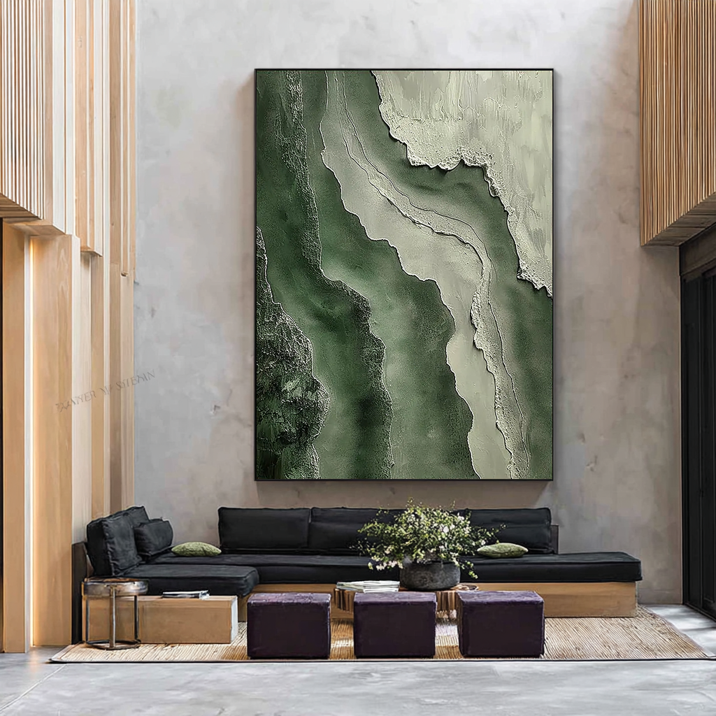 Moss Strata – Hand-Painted Deep Green and Sage Plaster Effect Wave Texture Painting | Organic Contemporary Texture Living Room & Bedroom Art