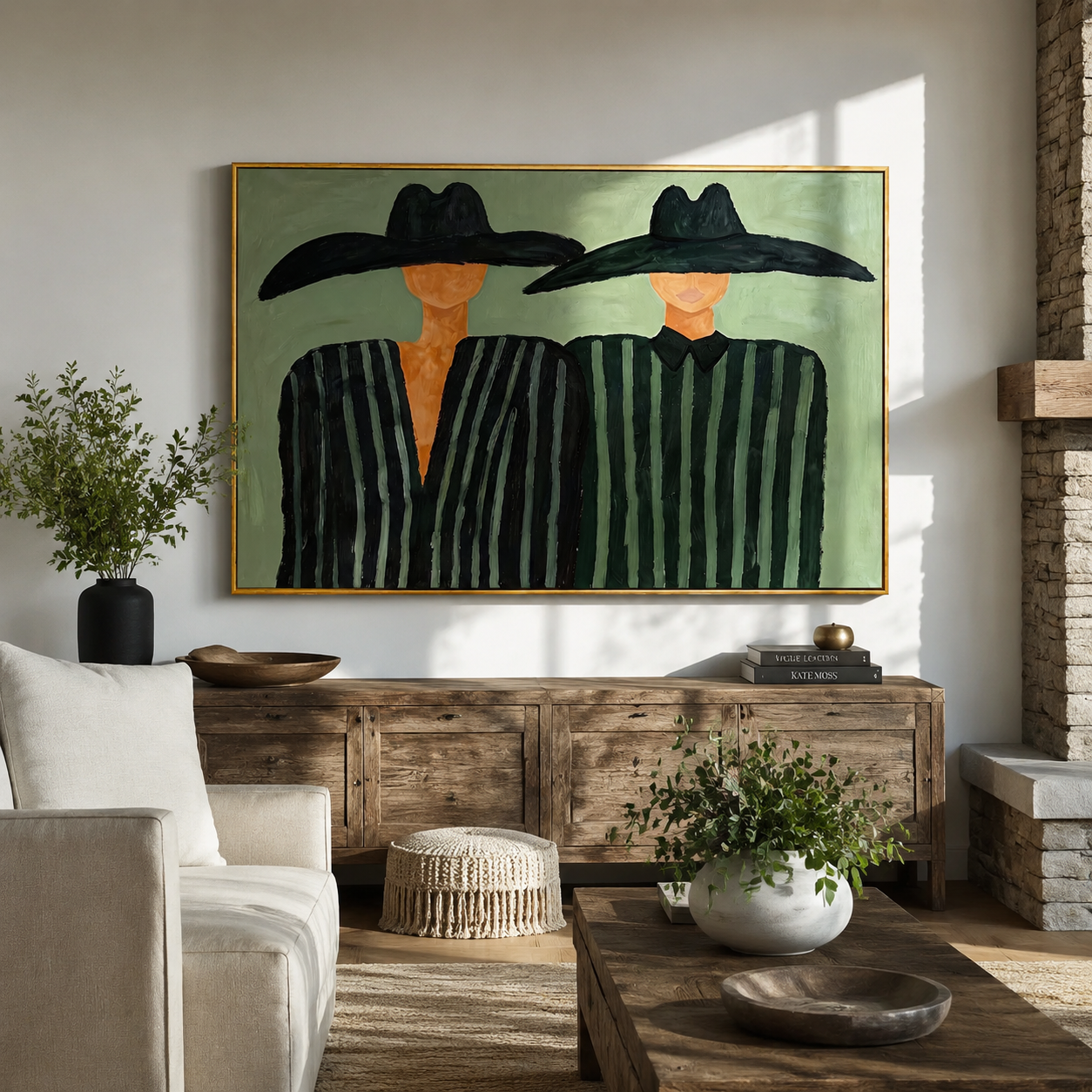 The Sage Echo – Modernist Sage Green Striped Figures Painting | Minimalist High-End Entryway Art