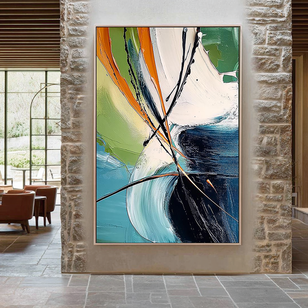 Urban Rhythm – Hand-Painted Modern Teal and Orange Large Brushstroke Abstract Painting | Modern Abstract Living Room & Office Art