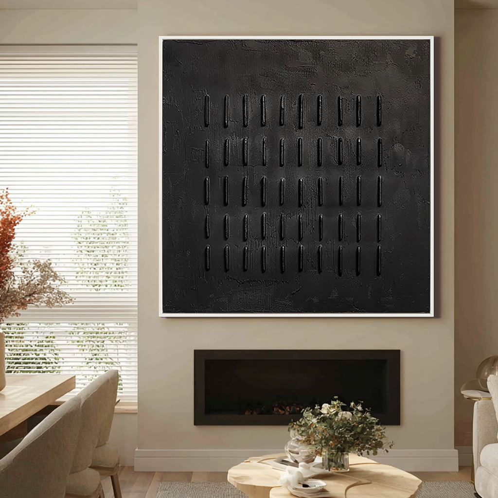 Onyx Rhythm – Hand-Painted All-Black Minimalist Plaster Relief Wabi-Sabi Painting | Modern Noir Wabi-Sabi Living Room & Home Office Art