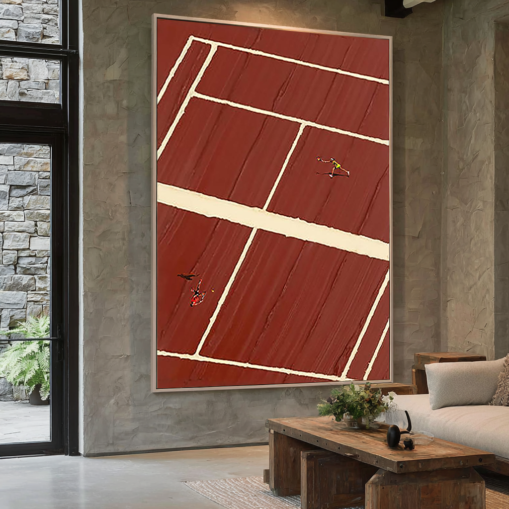 Clay Court – Minimalist Red Clay Tennis Court Hand-Painted Geometric Sport Painting | Contemporary Sport Home Office & Living Room Art