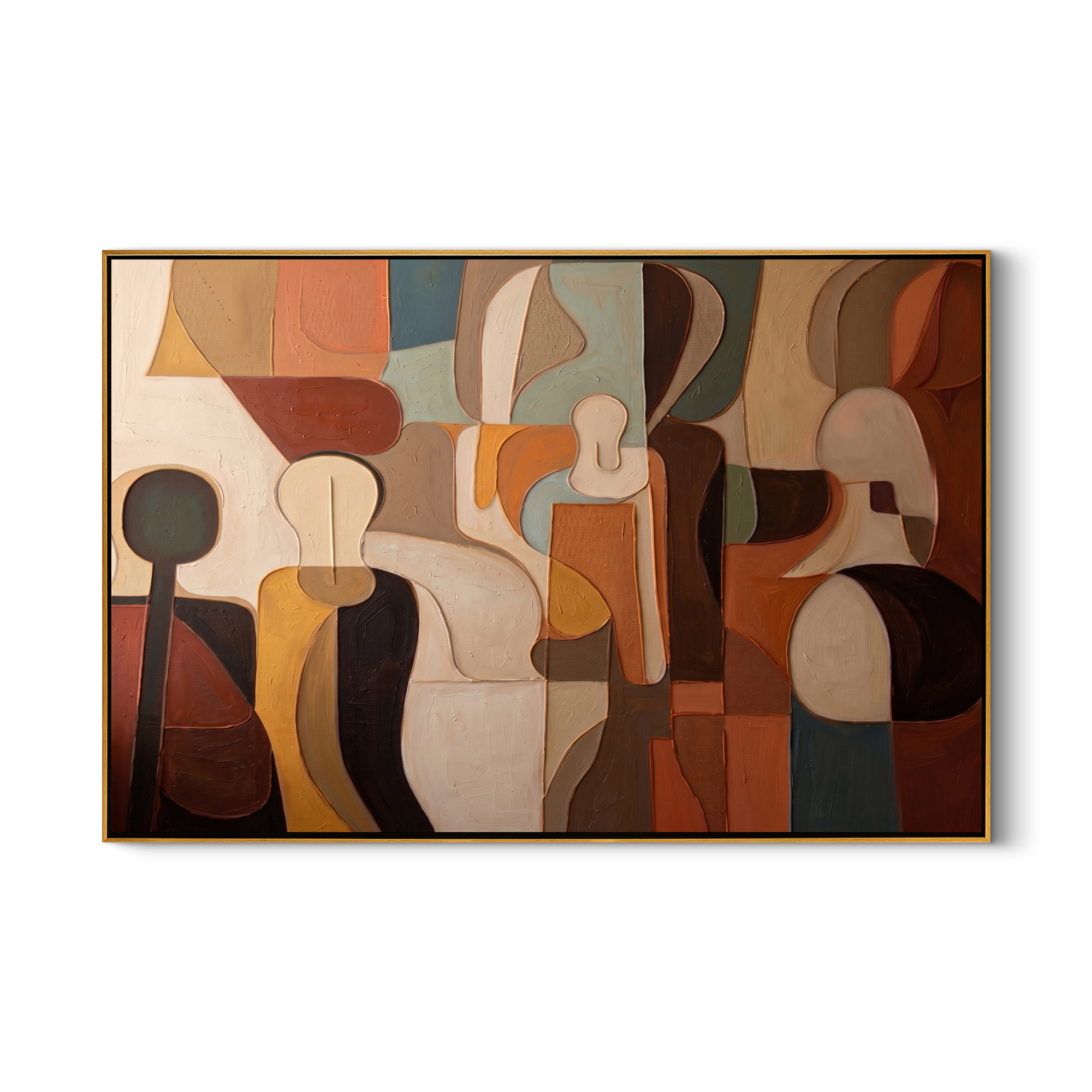 The Gathering Form – Earth-Tone Abstract Cubist Painting | Mid-Century Modern Living Room Art