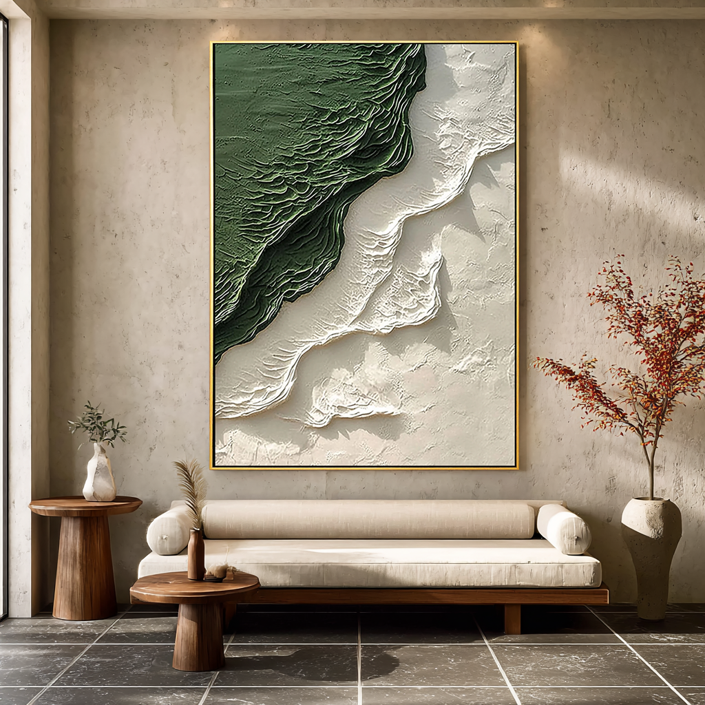 Emerald Rift – Hand-Painted Forest Green and Cream 3D Relief Texture Painting | Contemporary Landscape Living Room & Dining Room Art