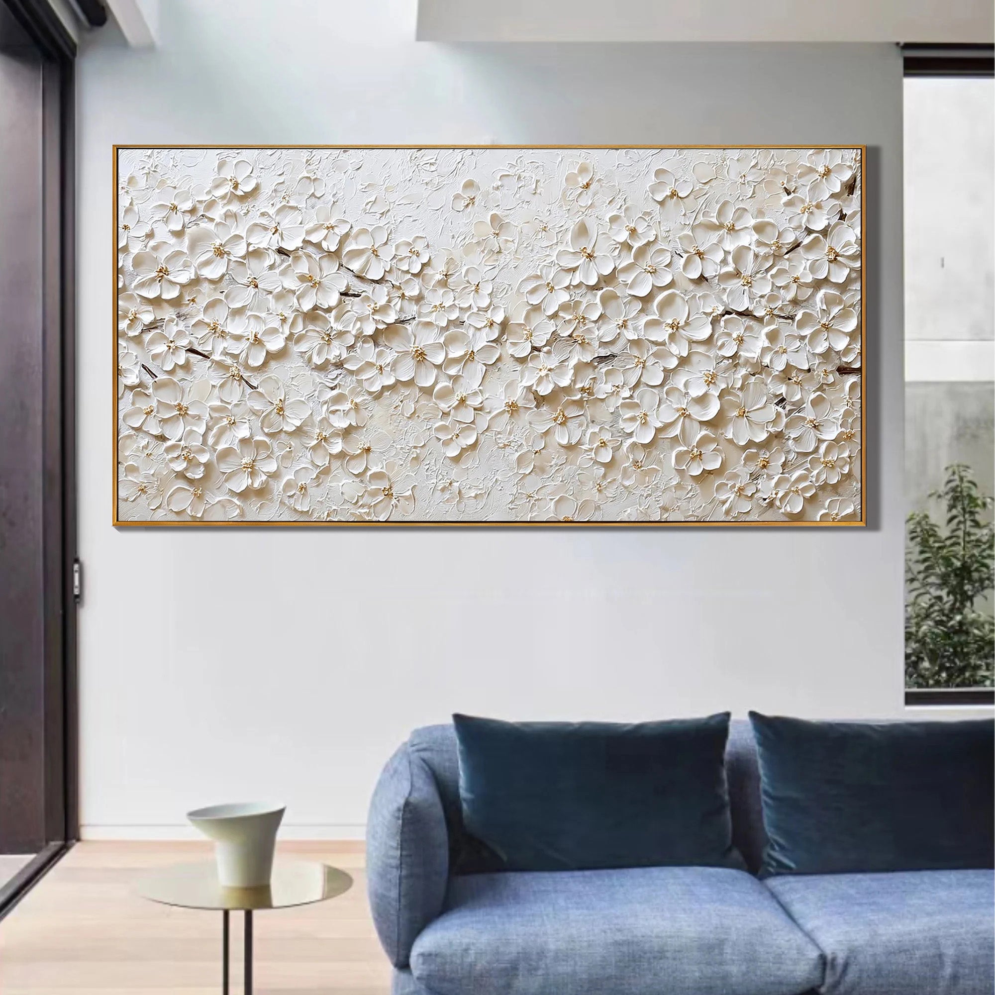 Champagne Melodies – Luxury All-White Floral Heavy Textured Painting | Large Horizontal Living Room Art
