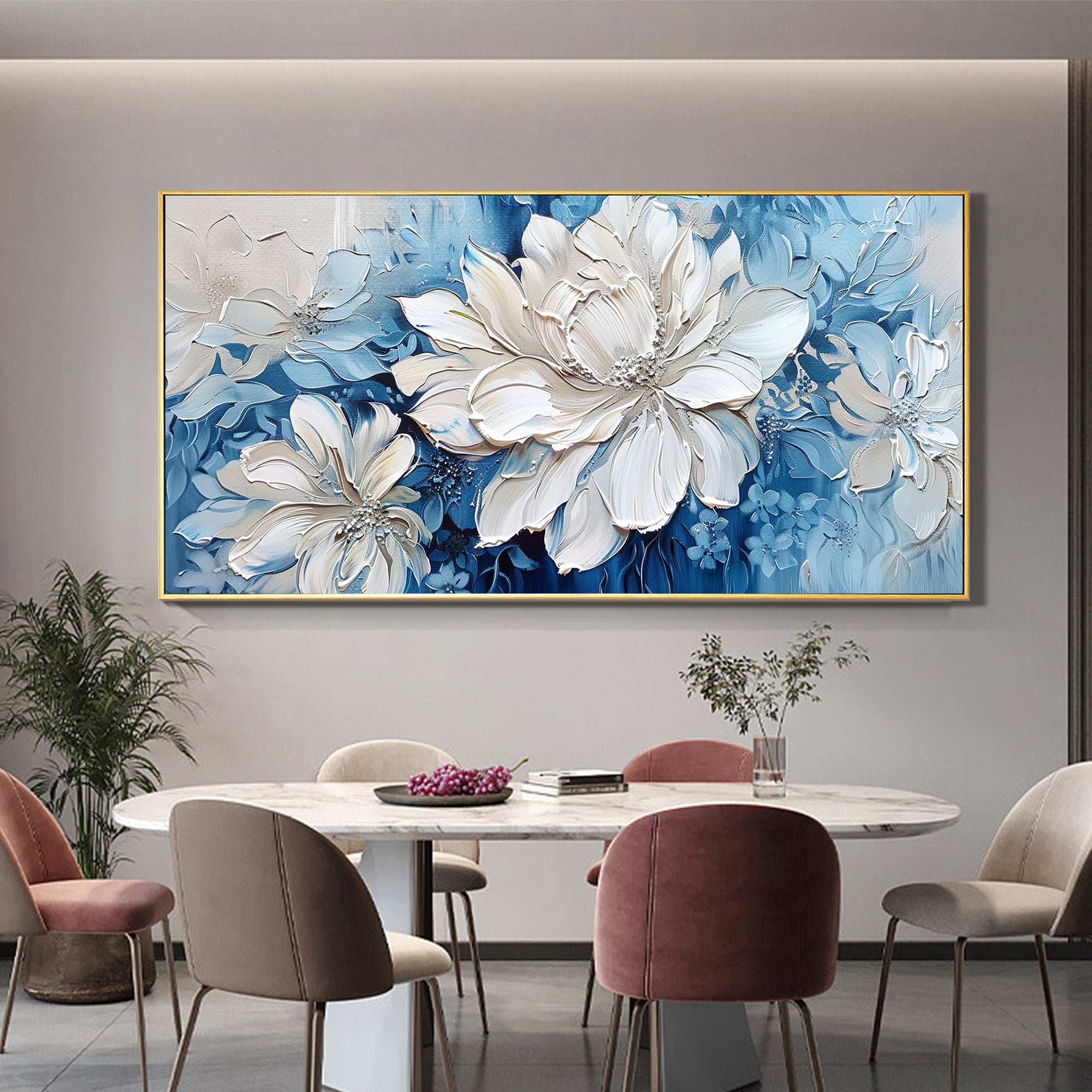 FROZEN PETAL: Panoramic Heavy Impasto White Flower Painting, 3D Textured Floral Art
