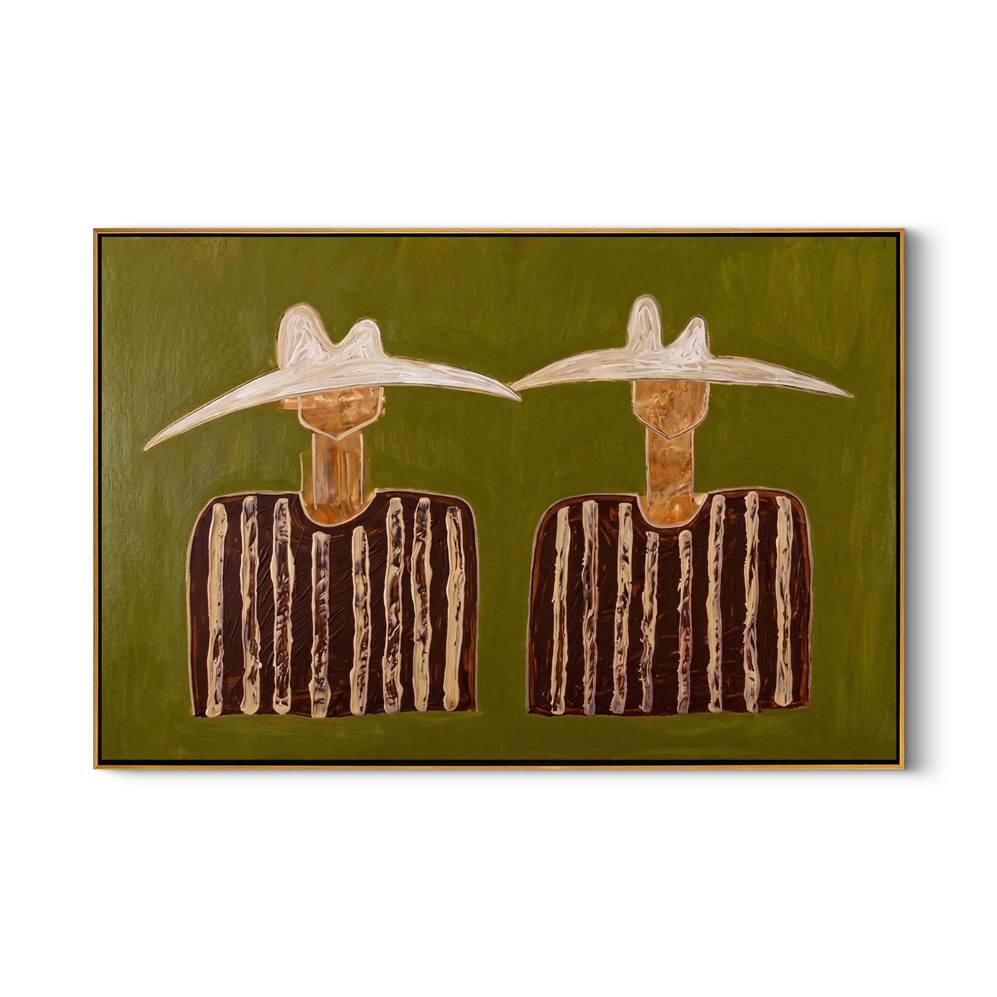 The Moss Reverie – Modernist Olive Green White-Hat Figures Painting | Rustic Minimalist Living Room Art
