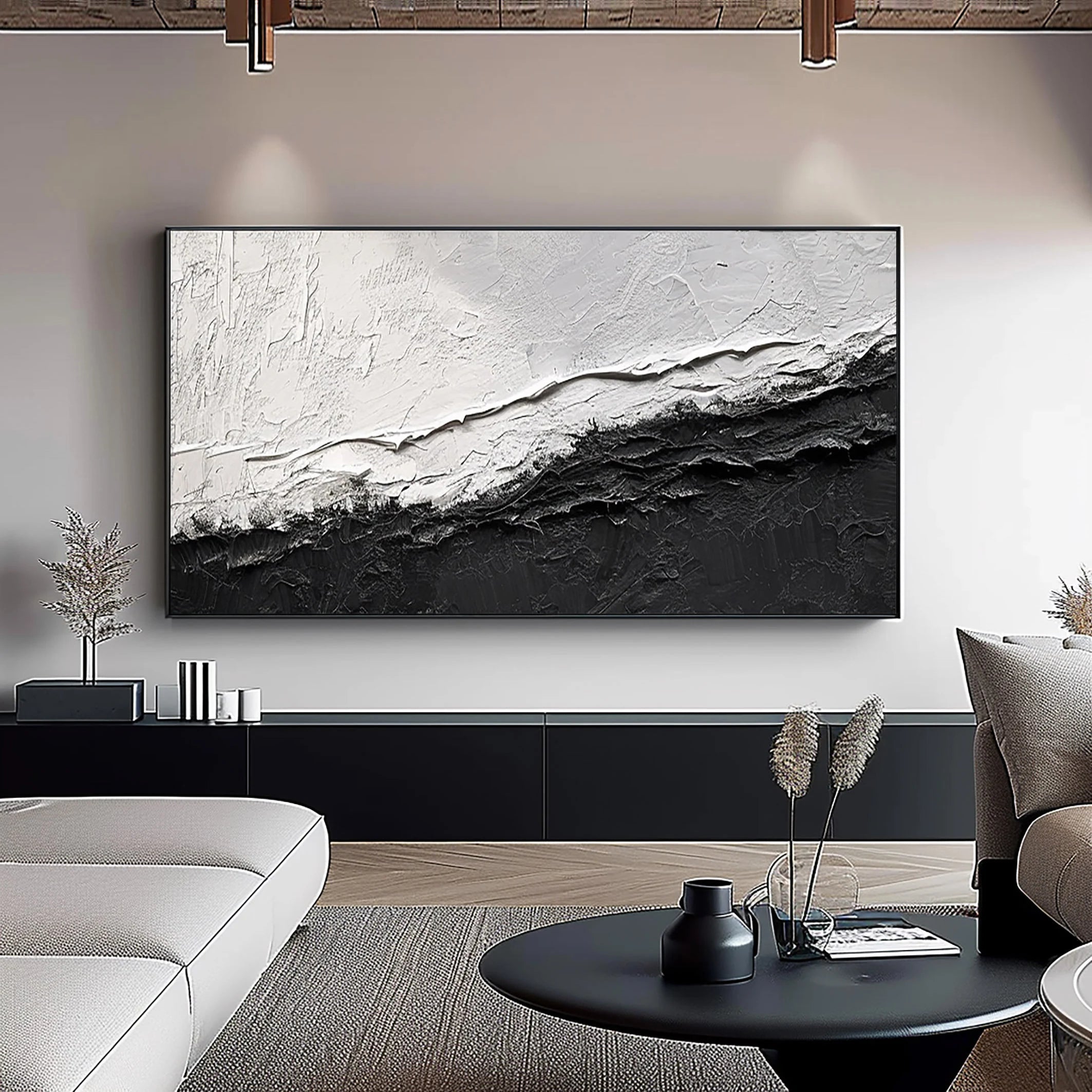 Mono Divide – Industrial Minimalist Black & White Painting | Textured Abstract Living Room Art