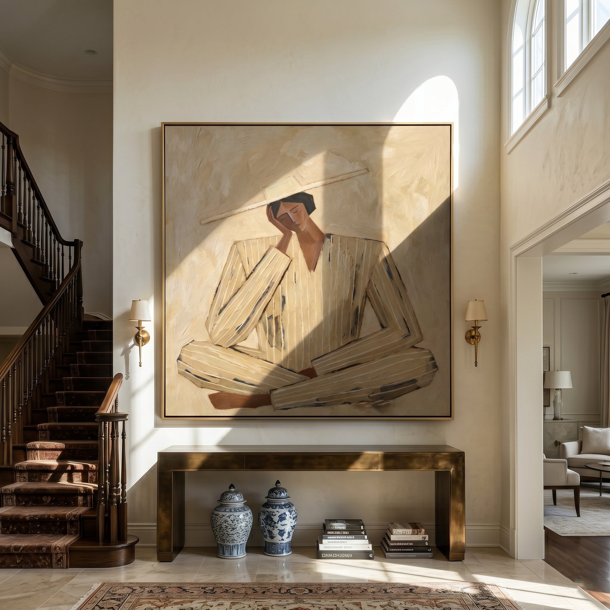 The Desert Meditative – Wabi-Sabi Heavy Textured Thinking Figure Painting | Minimalist Square Hallway Art