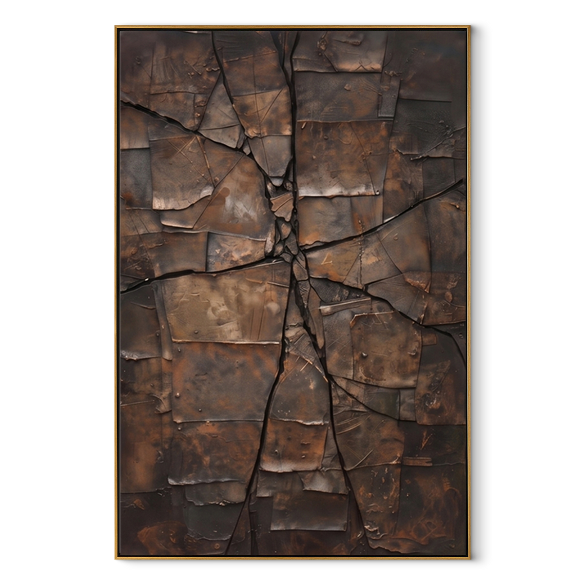 Fractured Bronze Terrain – Bronze Brown Geometric Texture Painting | Modern Vertical Wall Art