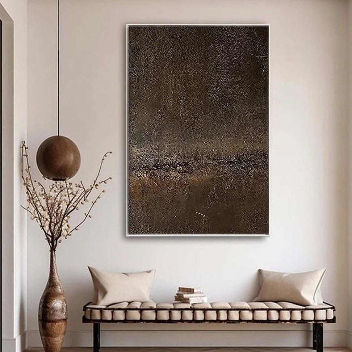 Dark Earth – Minimalist Deep Brown Grained Texture Hand-Painted Abstract Wabi-Sabi Painting | Japandi Wabi-Sabi Living Room & Bedroom Art